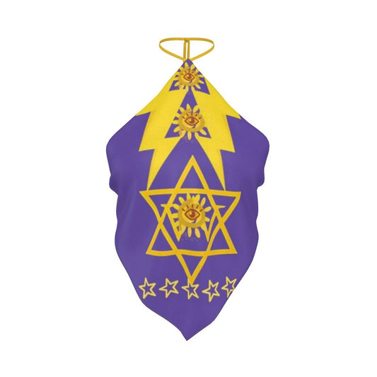 Purple and Gold Solar Joy Frequency Bandana, Elegant Silk Bodice